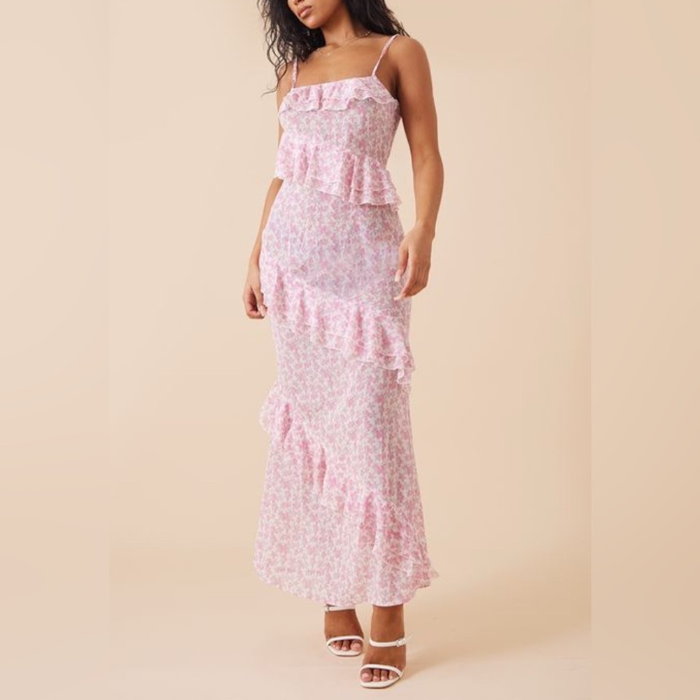 PrettyLittleThing Pink Floral Chiffon Maxi Dress | Size 2 | Sheer Frill Detail - Picture 1 of 9